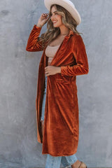 Collared Neck Longline Velvet Cardigan with Pockets - Flyclothing LLC