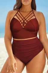 Halter Neck Crisscross Ruched Two-Piece Swimsuit - Flyclothing LLC