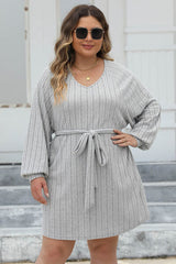 Plus Size Ribbed Tie Front Long Sleeve Sweater Dress - Flyclothing LLC