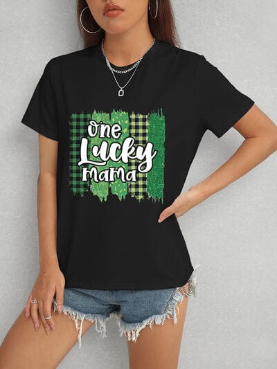 ONE LUCKY MAMA Round Neck T-Shirt - Trendsi