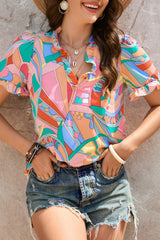 Multicolored Frill Trim V-Neck Flounce Sleeve Blouse - Flyclothing LLC