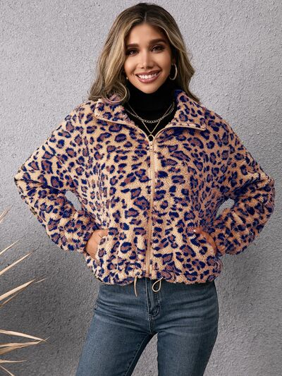 Drawstring Leopard Zip Up Jacket - Flyclothing LLC