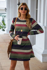 Striped Round Neck Long Sleeve Dress - Flyclothing LLC