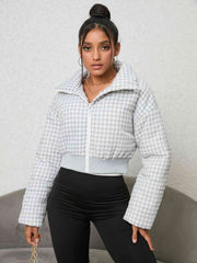 Houndstooth Zip-Up Jacket - Trendsi