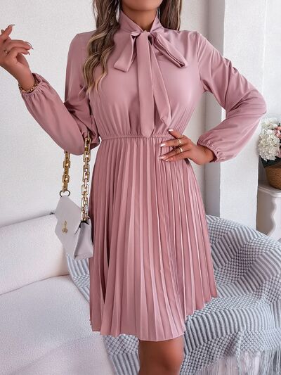 Tie Neck Balloon Sleeve Pleated Dress - Flyclothing LLC