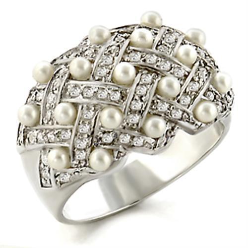 Alamode High-Polished 925 Sterling Silver Ring with Synthetic Pearl in White - Alamode