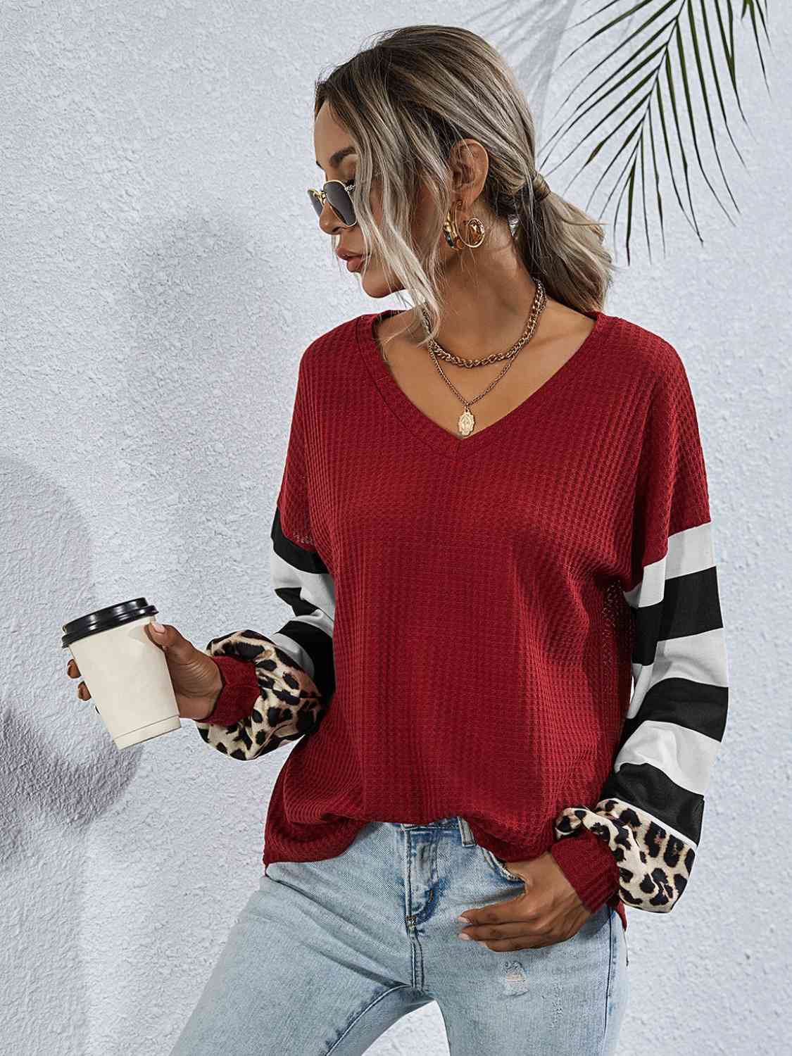 Leopard Striped Waffle-Knit Top - Trendsi