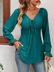 Tie Front V-Neck Puff Sleeve Blouse - Flyclothing LLC