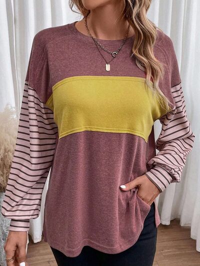 Round Neck Striped Long Sleeve Slit T-Shirt - Flyclothing LLC