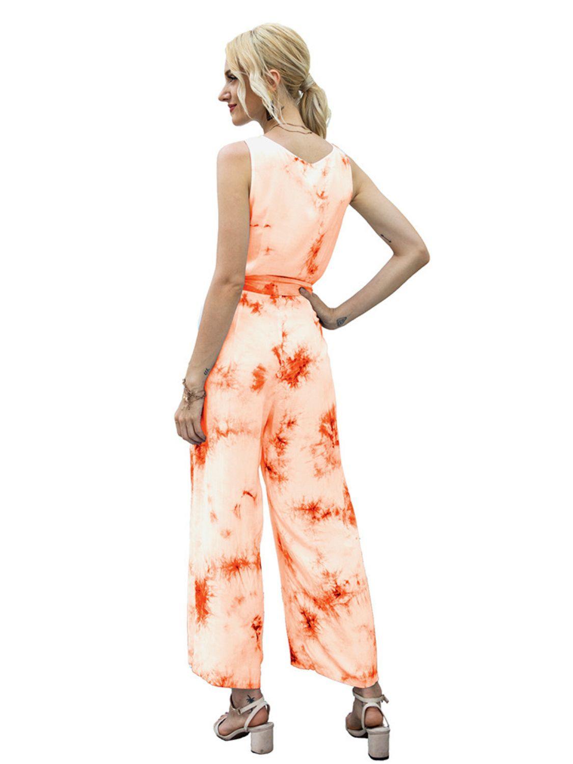 Tie-Dye Tie Waist Sleeveless Jumpsuit - Flyclothing LLC