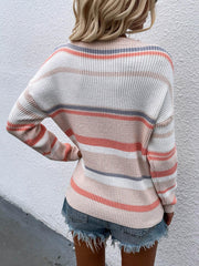 Striped Drop Shoulder Round Neck Pullover Sweater - Flyclothing LLC