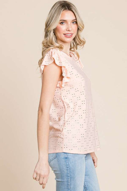 Culture Code Eyelet Round Neck Ruffled Cap Sleeve Top - Flyclothing LLC