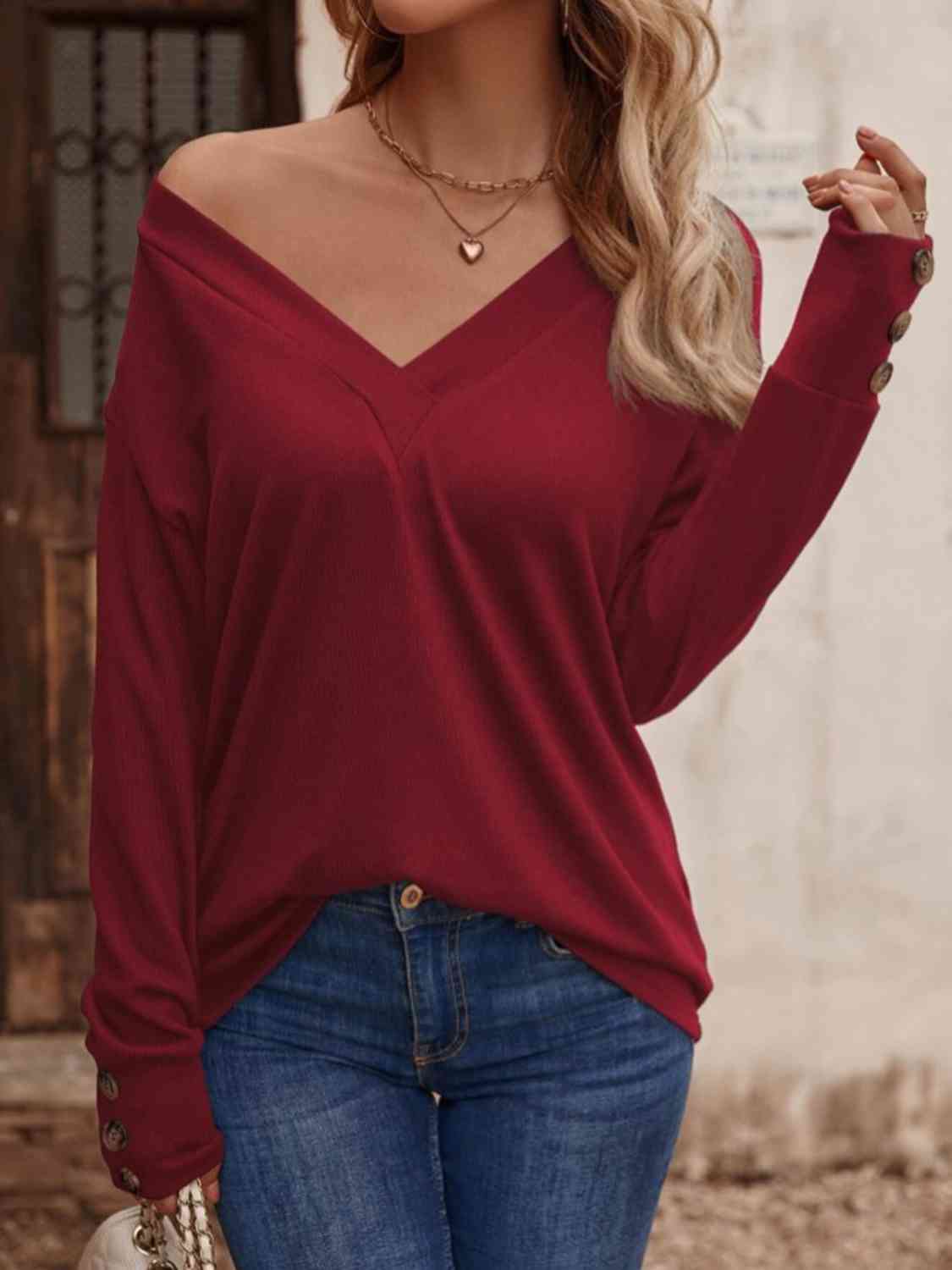 V-Neck Long Sleeve Top - Flyclothing LLC