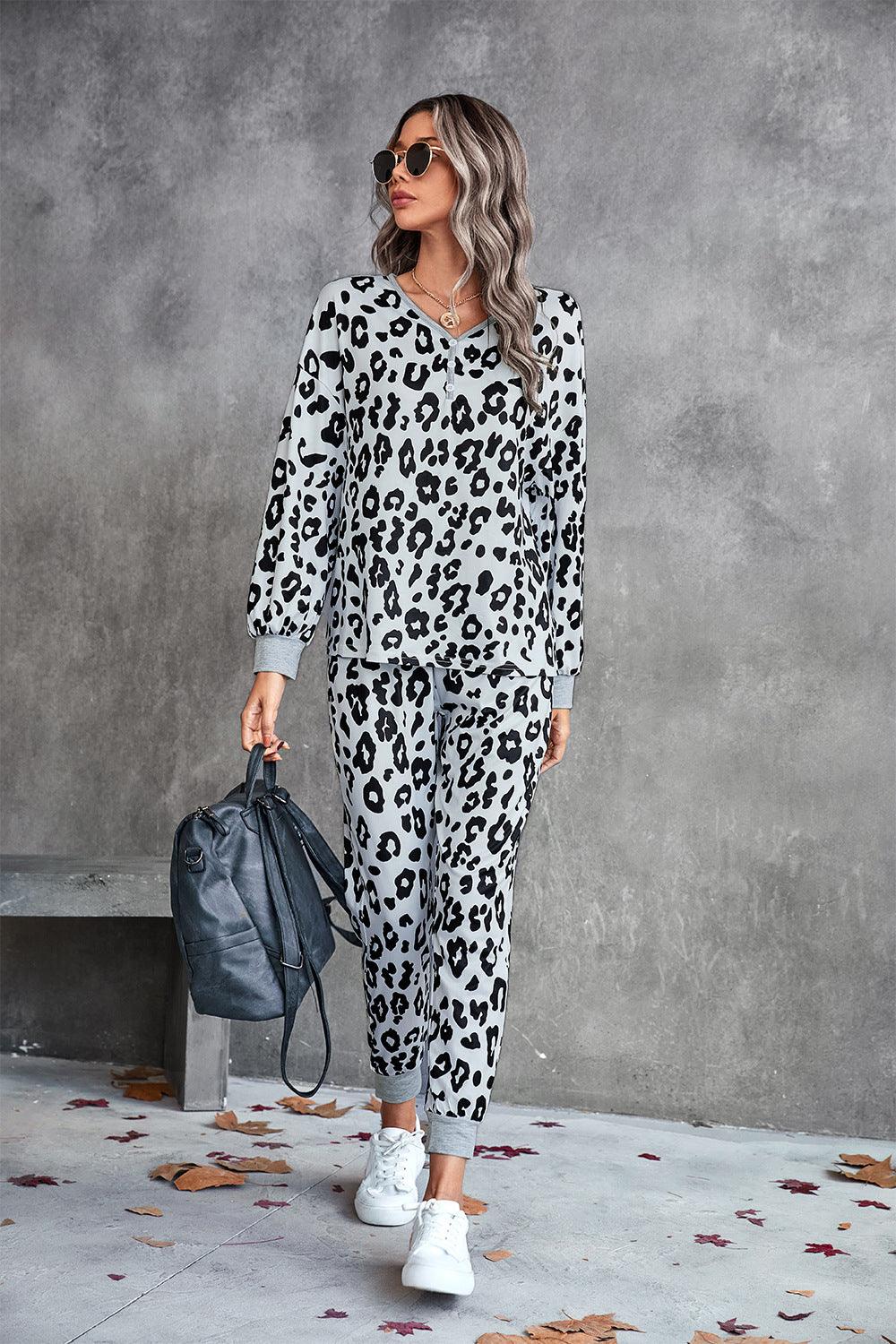 Leopard V-Neck Dropped Shoulder Loungewear Set - Trendsi