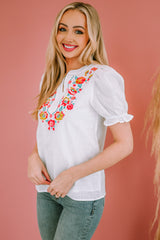 Embroidered Notched Neck Flounce Sleeve Top - Flyclothing LLC