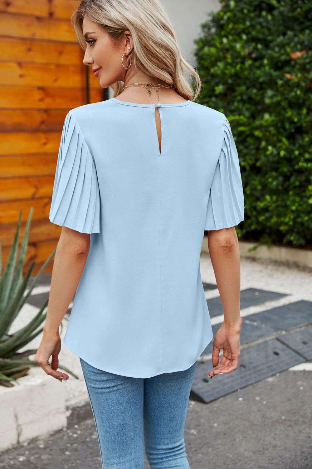 Pleated Flutter Sleeve Round Neck Blouse - Flyclothing LLC