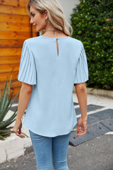 Pleated Flutter Sleeve Round Neck Blouse - Flyclothing LLC