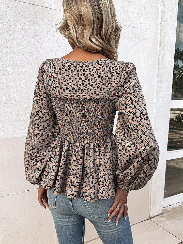 Printed Square Neck Long Sleeve Blouse - Flyclothing LLC