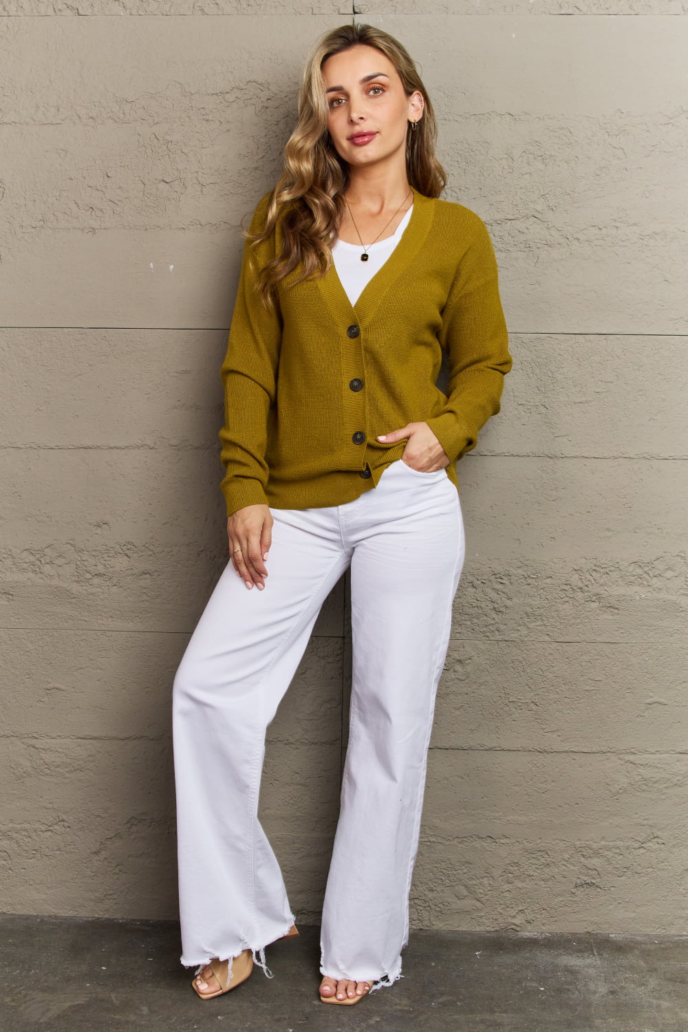 Zenana Kiss Me Tonight Full Size Button Down Cardigan in Chartreuse - Flyclothing LLC