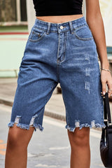 Raw Hem High Waist Denim Shorts with Pockets - Flyclothing LLC