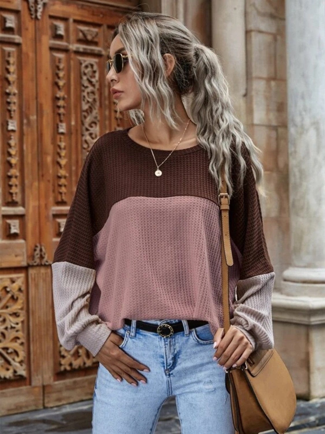 Color Block Waffle-Knit Long Sleeve Top - Trendsi