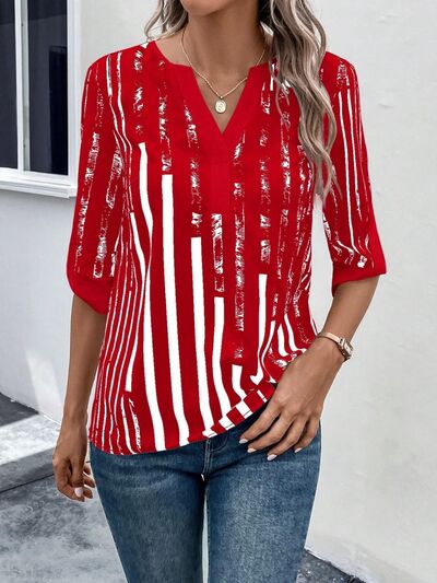 Striped Notched Half Sleeve Blouse - Flyclothing LLC