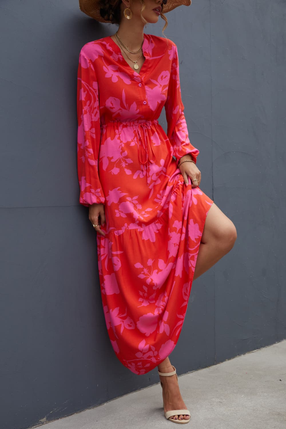 Floral Drawstring Waist Long Sleeve Dress - Flyclothing LLC