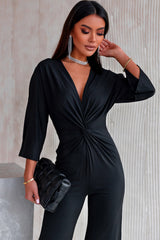 Twisted Plunge Three-Quarter Sleeve Jumpsuit - Flyclothing LLC