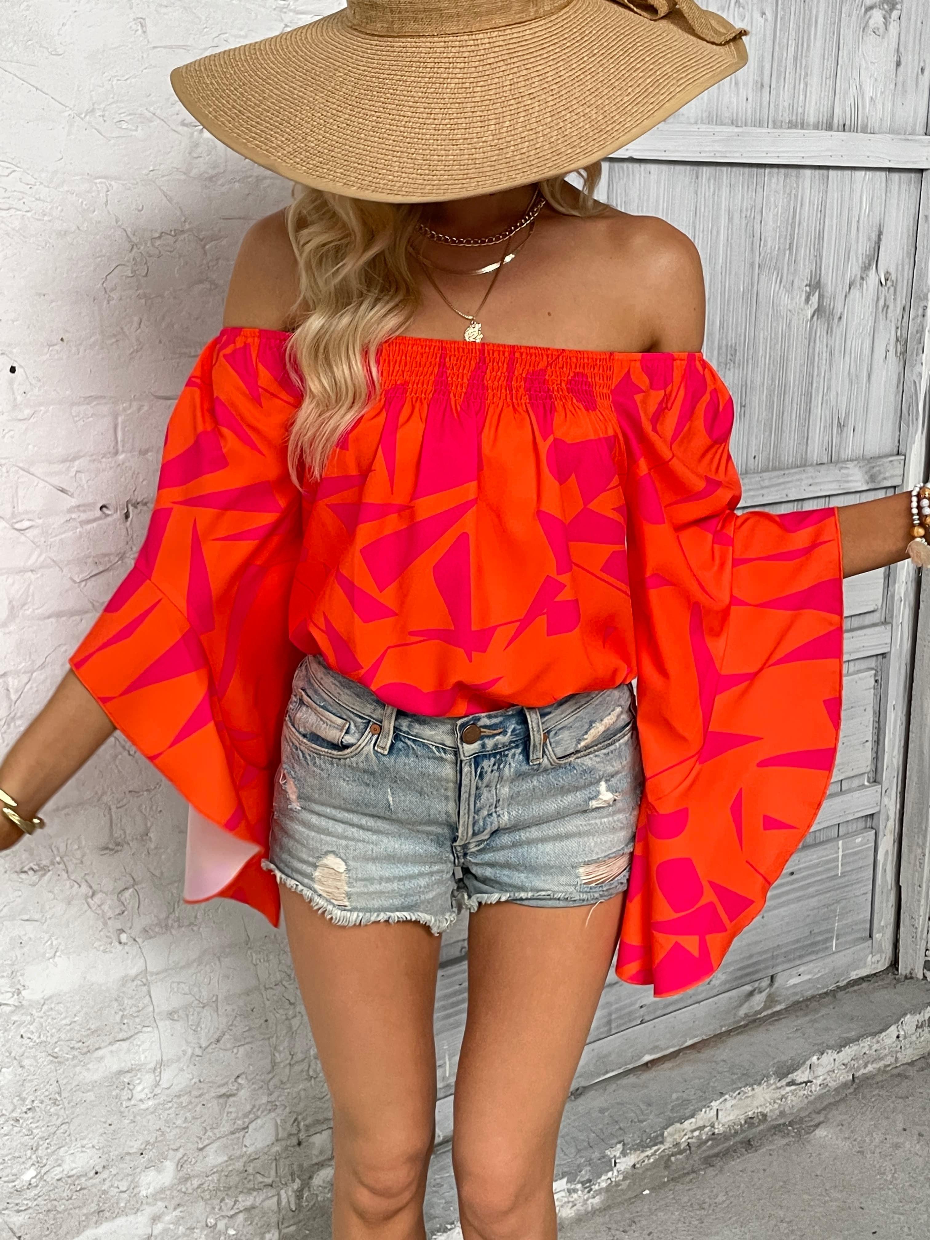 Printed Off-Shoulder Bell Sleeve Blouse - Flyclothing LLC