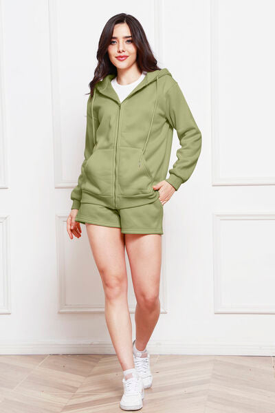 Zip Up Drawstring Hoodie and Shorts Set - Flyclothing LLC