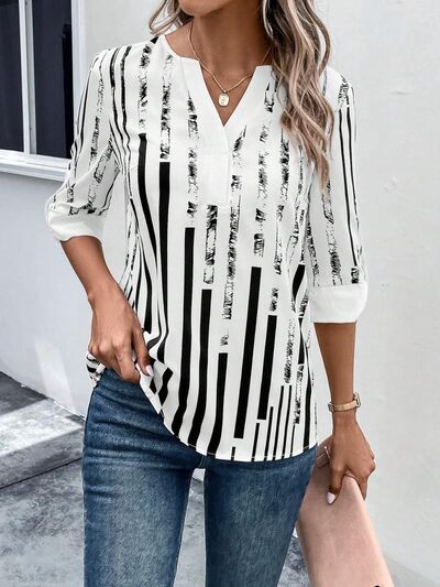 Striped Notched Half Sleeve Blouse - Flyclothing LLC