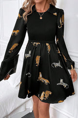 Animal Collared Neck Balloon Sleeve Mini Dress - Flyclothing LLC