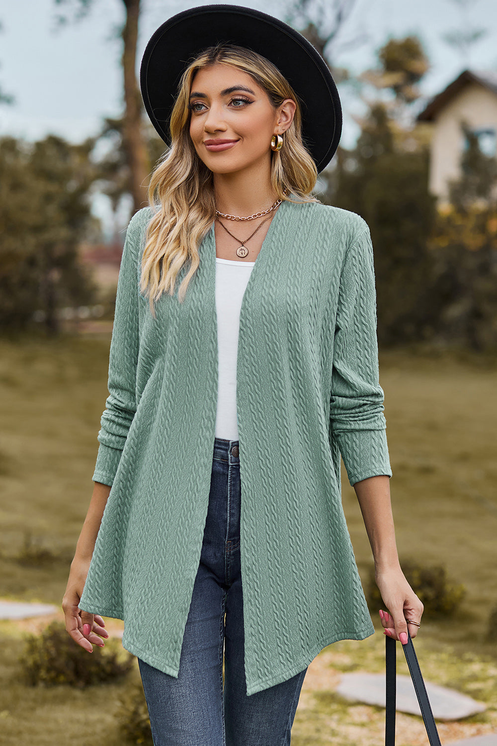 Textured Open Front Long Sleeve Cardigan - Flyclothing LLC