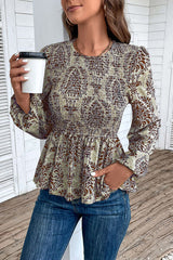 Smocked Printed Balloon Sleeve Blouse - Flyclothing LLC