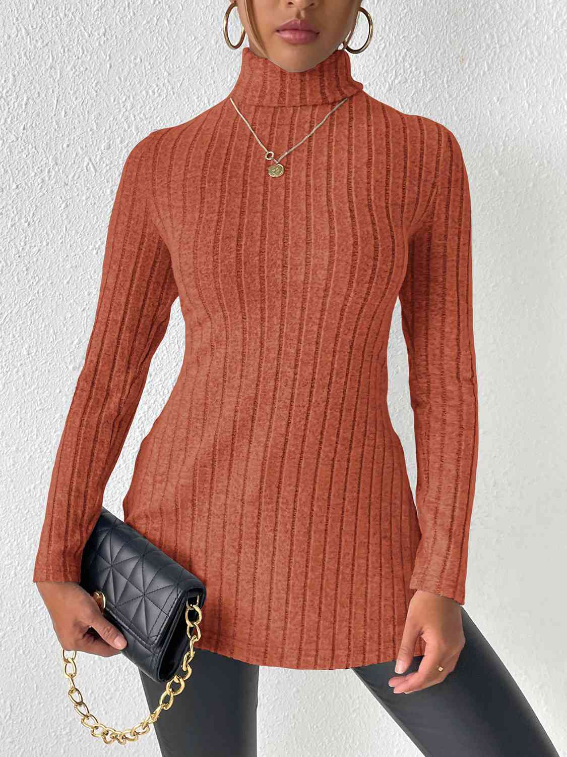 Ribbed Turtleneck Long Sleeve Slit T-Shirt - Flyclothing LLC