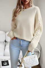 Cable-Knit Round Neck Drop Shoulder Sweater - Flyclothing LLC