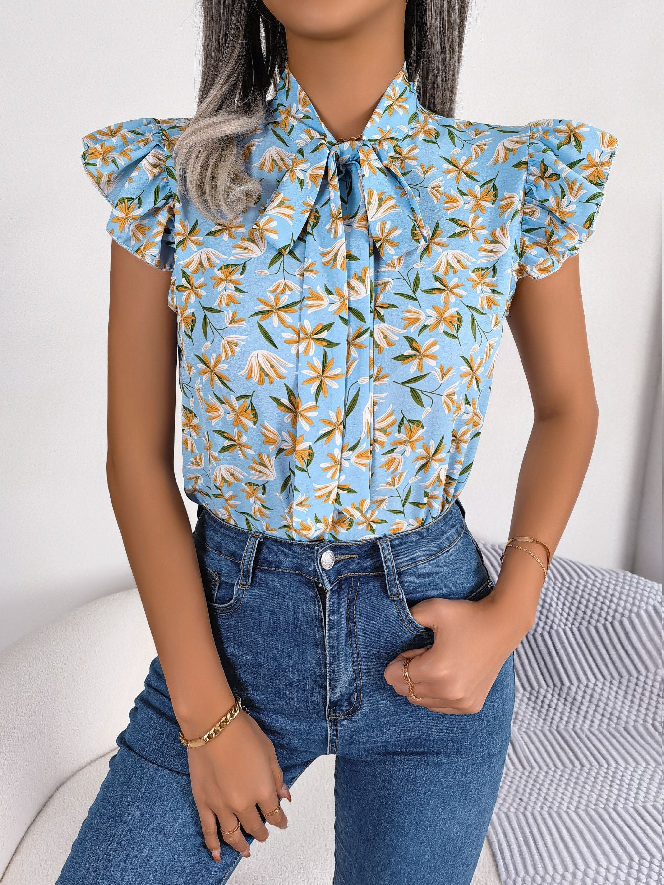 Floral Tie Neck Flutter Sleeve Blouse - Flyclothing LLC