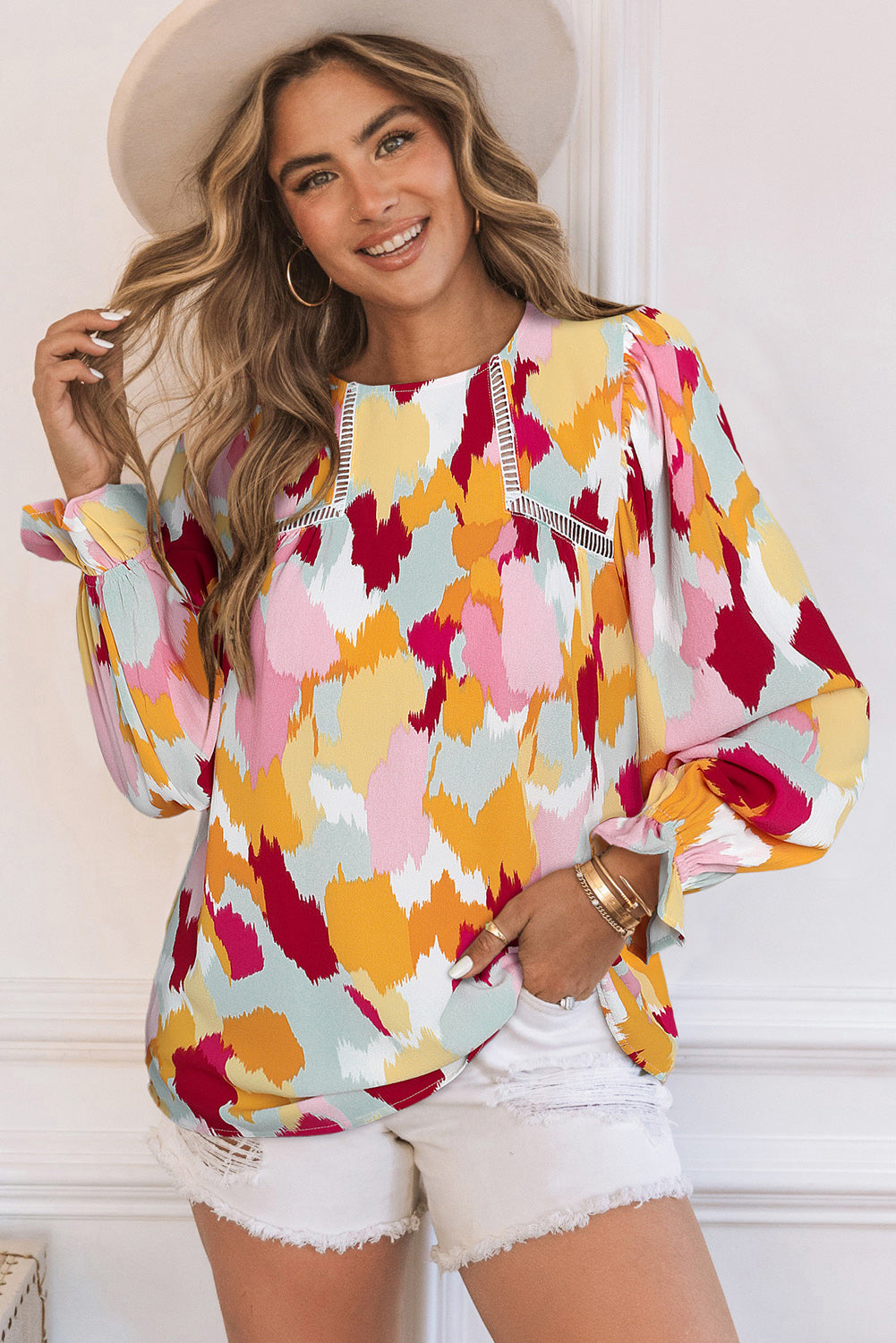 Printed Flounce Sleeve Buttoned Blouse - Flyclothing LLC