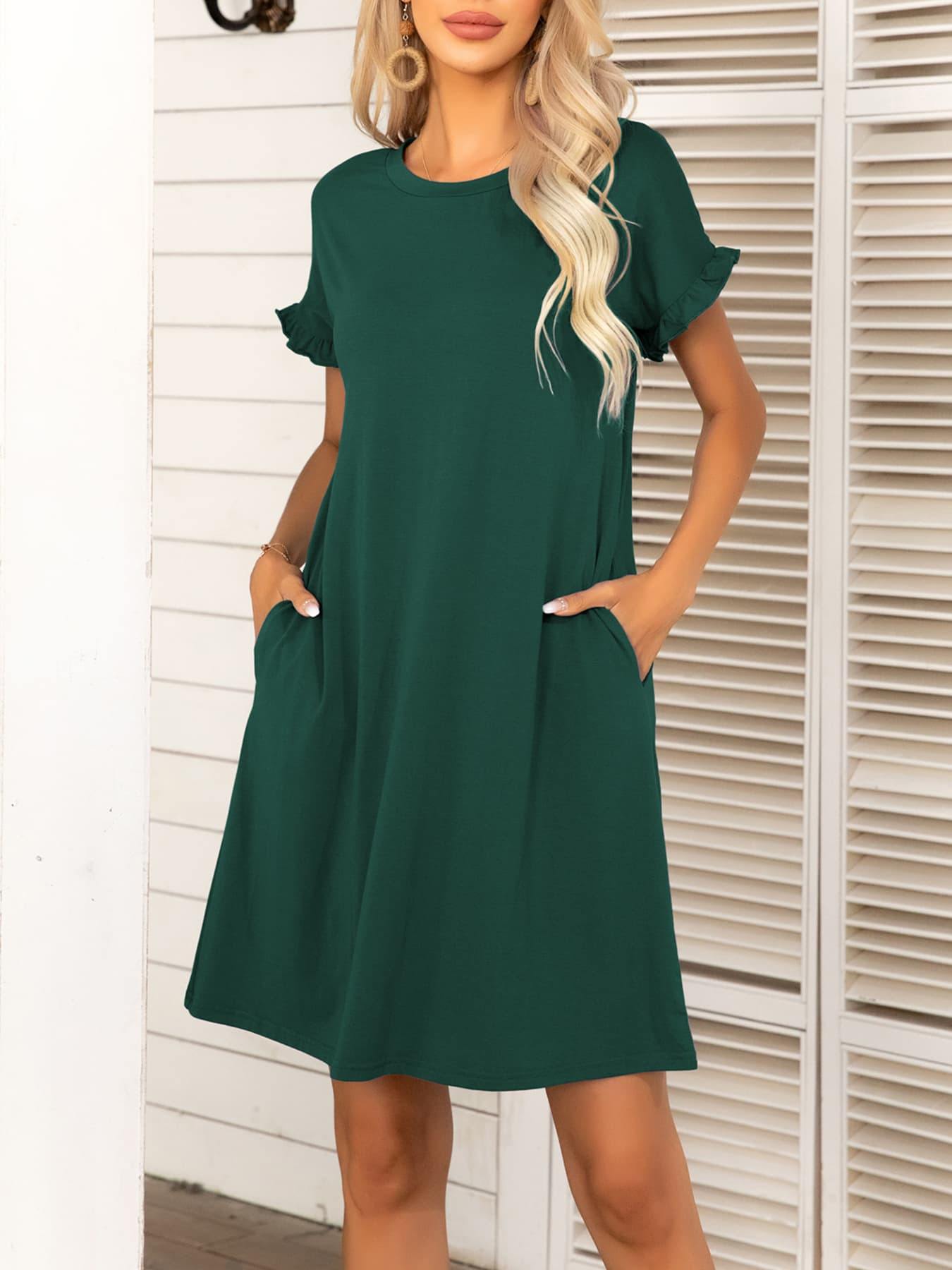 Round Neck Flounce Sleeve Dress with Pockets - Flyclothing LLC