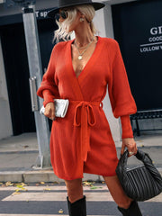 Belted Surplice Lantern Sleeve Wrap Sweater Dress - Trendsi