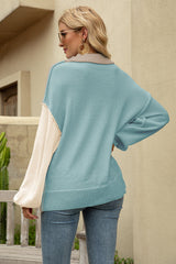 Color Block Round Neck Dropped Shoulder Sweater - Flyclothing LLC