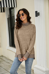 Heathered Slit High-Low Long Sleeve Top - Trendsi