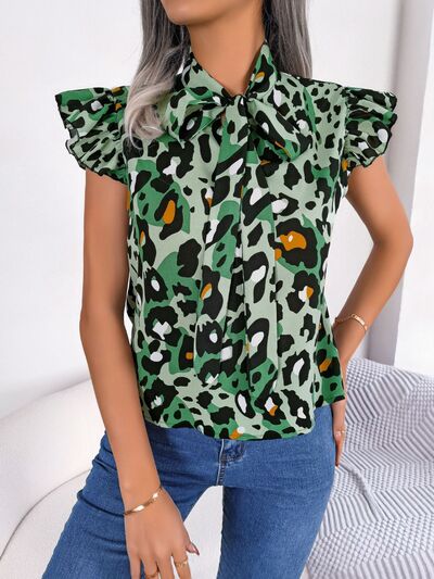 Leopard Tie Neck Cap Sleeve Blouse - Flyclothing LLC