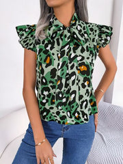 Leopard Tie Neck Cap Sleeve Blouse - Flyclothing LLC