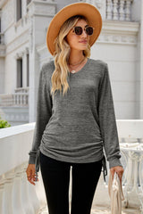 Heathered Drawstring V-Neck Top - Trendsi