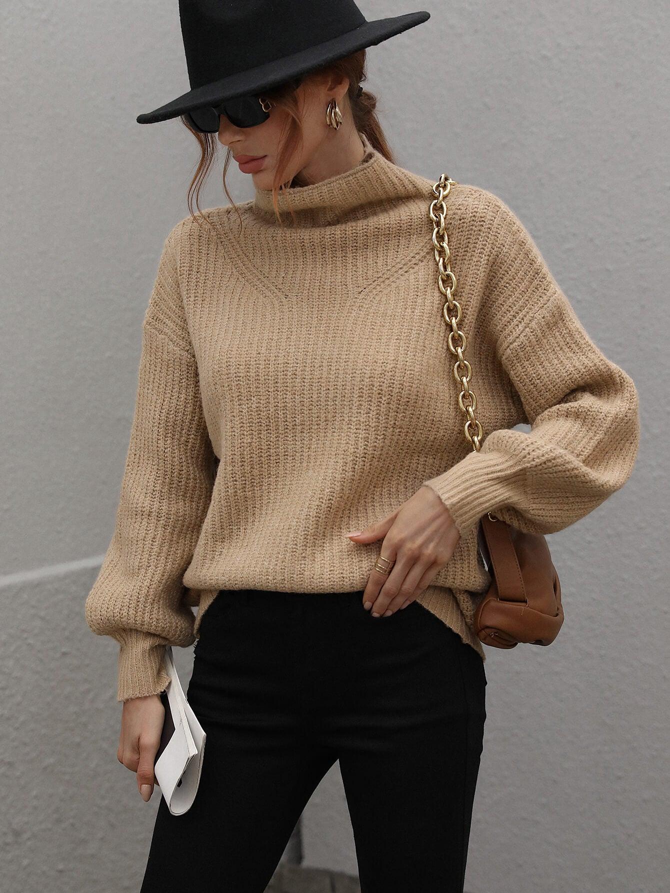 High Neck Balloon Sleeve Rib-Knit Pullover Sweater - Tan / S