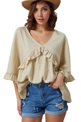 Ruffled V-Neck Half Sleeve Blouse - Flyclothing LLC