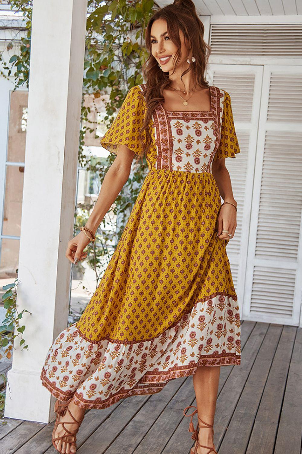 Bohemian Square Neck Flutter Sleeve Maxi Dress - Flyclothing LLC