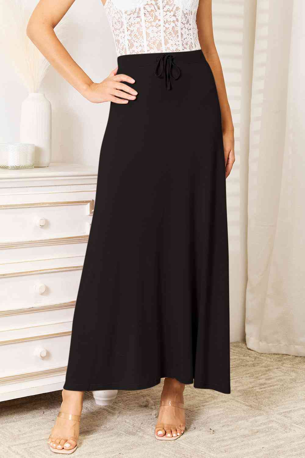 Double Take Full Size Soft Rayon Drawstring Waist Maxi Skirt Rayon - Flyclothing LLC