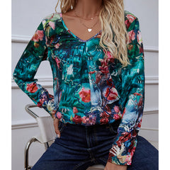 Printed V-Neck Long Sleeve Blouse - Flyclothing LLC